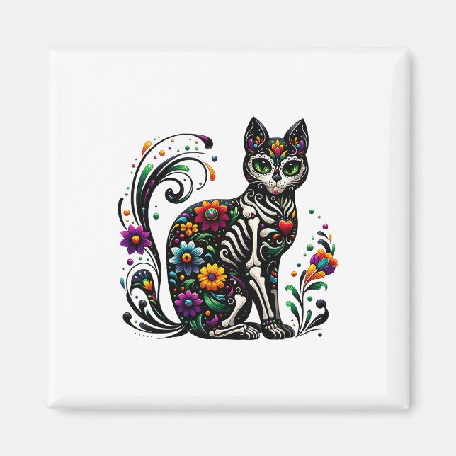 Imán Dia De Los Muertos Cinco De Mayo Cat Sugar Skull M (Frente)