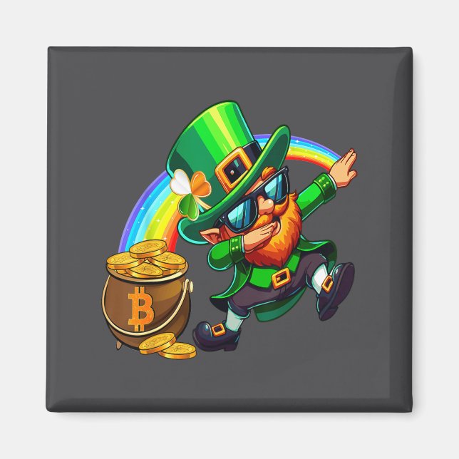 Imán Día de San Patricio Dabbing Bitcoin Arcoíris Duend (Frente)