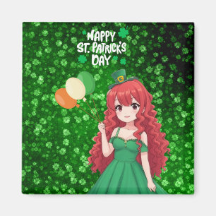 Imán Día de San Patricio linda, chica anime irlandesa