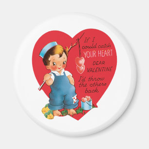 Imán Día de San Valentín Retro, Niño Antiguo Pescando C