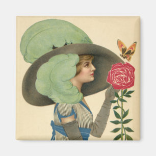 Imán Día de San Valentín vintage, dama mariposa rosa ro