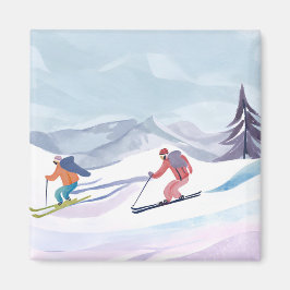 Imán Día del esquí | Montaña de invierno acuarela