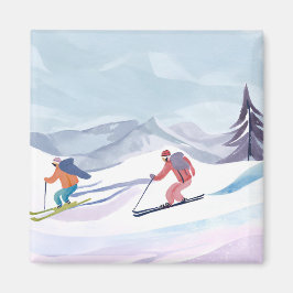 Imán Día del esquí | Tarjeta de montaña acuática para i