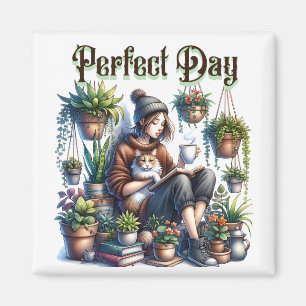 Imán Día perfecto   Lectura Chica con gatos y plantas
