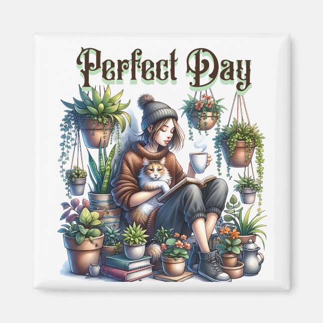 Imán Día perfecto | Lectura Chica con gatos y plantas (Frente)