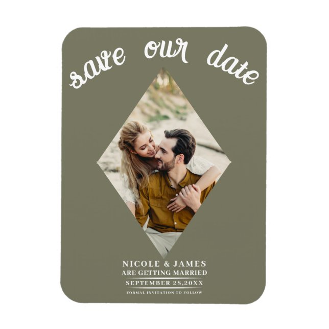Imán Diamante Verde Oliva Foto Boda Save the Date (Vertical)