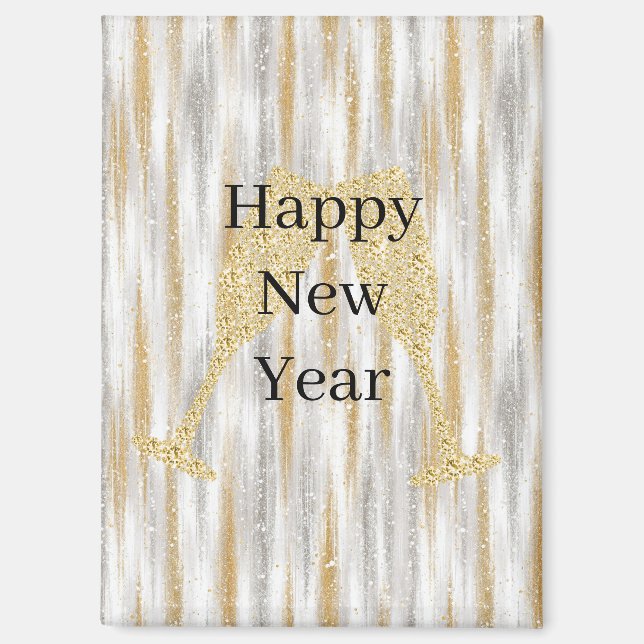 Imán Diamond Champagne Glass Happy New Year Silver Gold (Anverso)