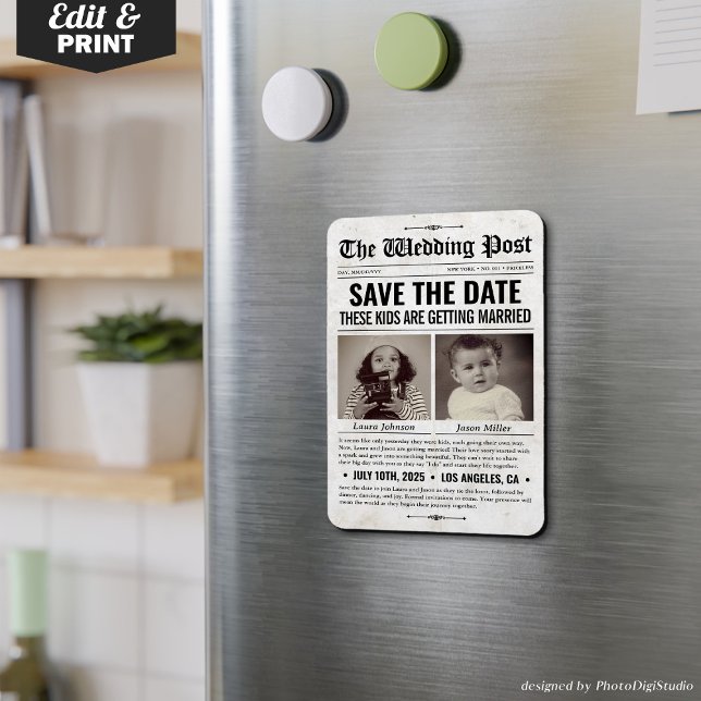 Imán Diario de boda personalizado Guardar la invitación (Custom Wedding Newspaper Save the Date Invitation Magnet These Kids are getting married)