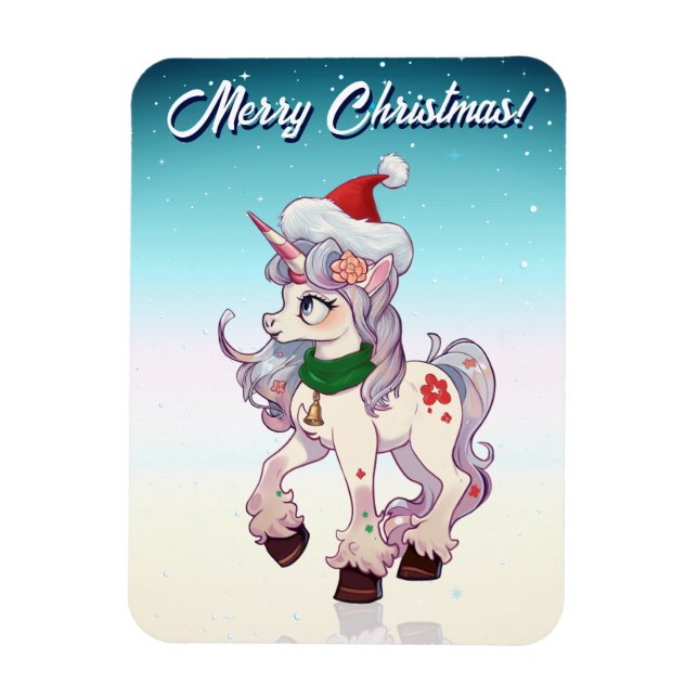Imán Dibujo animado de unicornio de Navidad (Vertical)