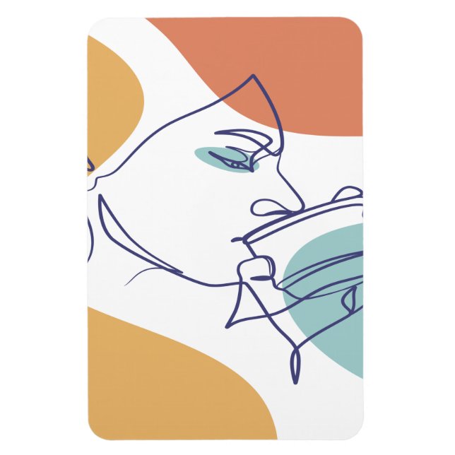 Imán dibujo de líneas poster de la mujer tomando café (Vertical)