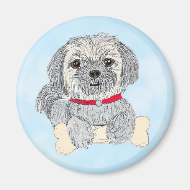 Imán Dibujo de mano lindo pequeño Shiatsu o Perro Apso  (Frente)