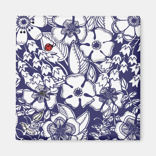 Imán Dibujo del Jardín Blanco Azul Shalom Botánico Giro (Frente)