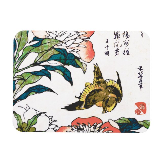 Imán Dibujo japonés vintage, Peonies y Sparrow (Horizontal)