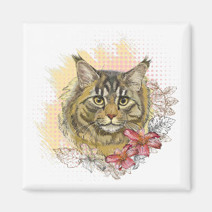 Imán Dibujo manual divertido lindo Maine coon con flore