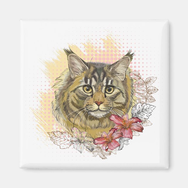 Imán Dibujo manual divertido lindo Maine coon con flore (Frente)