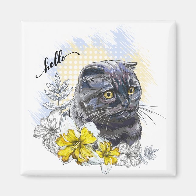 Imán Dibujo manual gracioso gato negro británico con fl (Frente)