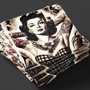 Imán Dibujo vintage de pin-up tatuada en blanco y negro