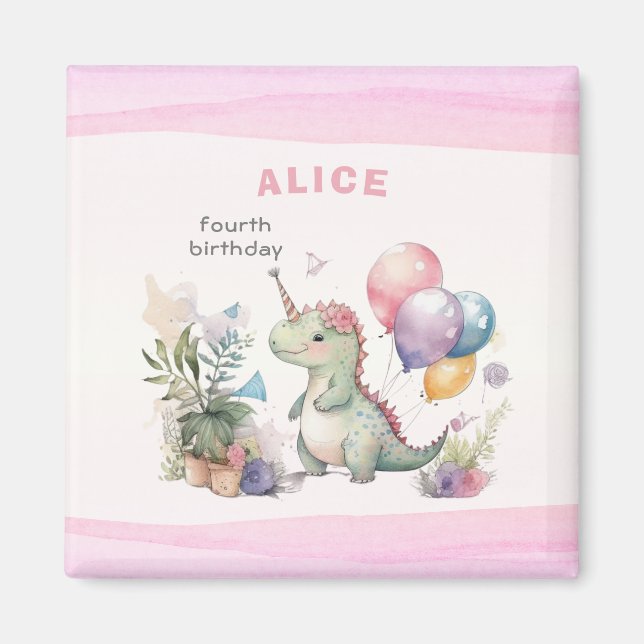 Imán Dino Fiesta Chica acuarela Pink Birday (Frente)