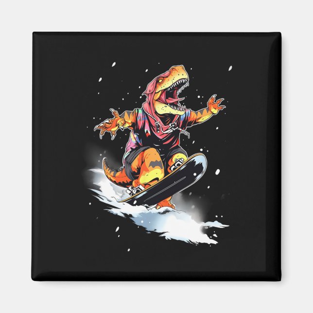 Imán Dinosaur T-rex Snowboard Snowboard Snowboarder Gan (Frente)