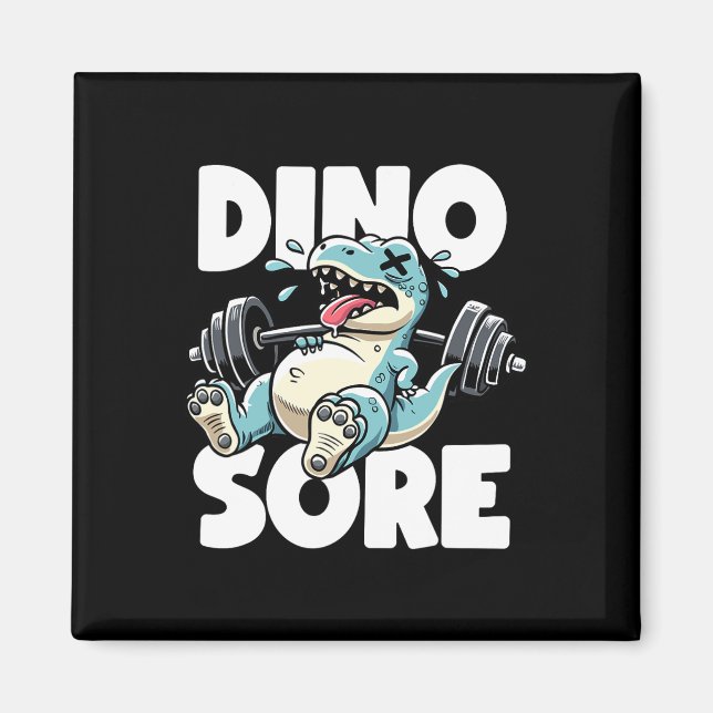 Imán Dinosaurio divertido levantando pesas en el gimnas (Frente)