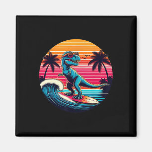 Imán Dinosaurio Divertido Surfando Atardecer Retro Homb