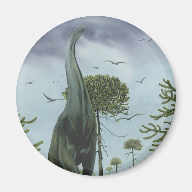 Imán Dinosaurios de época, Sauroposidon con pájaros vol (Frente)