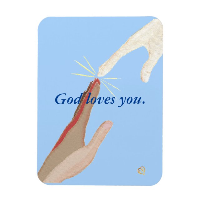 Imán Dios te quiere, manos tocando, cielo azul (Vertical)