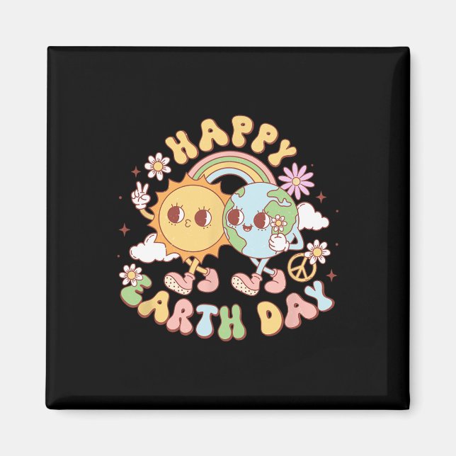 Imán Disco Groovy Happy Earth Day Peace Sun and Earth (Frente)