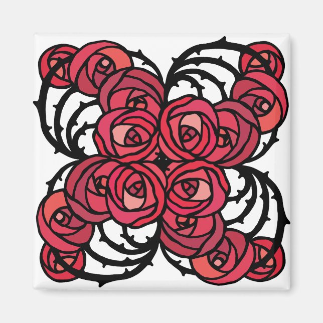 Imán Diseño Art Nouveau Floral rojo y rosa negro (Frente)