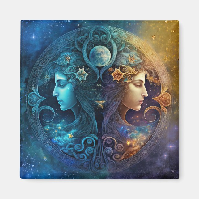 Imán Diseño de Acuarela del Signo Zodiacal Géminis (Frente)