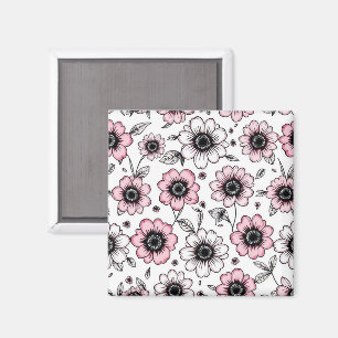 Imán Diseño de boceto de flores y hojas rosadas
