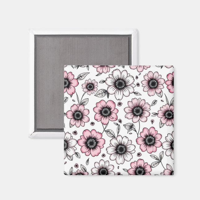 Imán Diseño de boceto de flores y hojas rosadas (Anverso/Reverso)