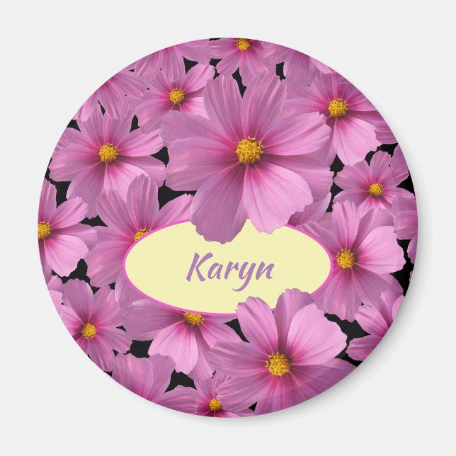 Imán Diseño de flores moradas de cosmos en un fondo neg (Frente)