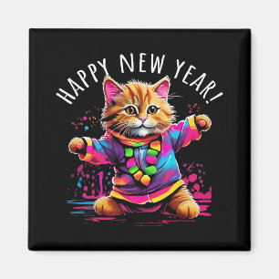 Imán Diseño de gato bailando fiesta de Año Nuevo Feliz 
