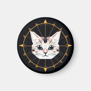 Imán Diseño de gato geométrico rodeado de estrellas dor