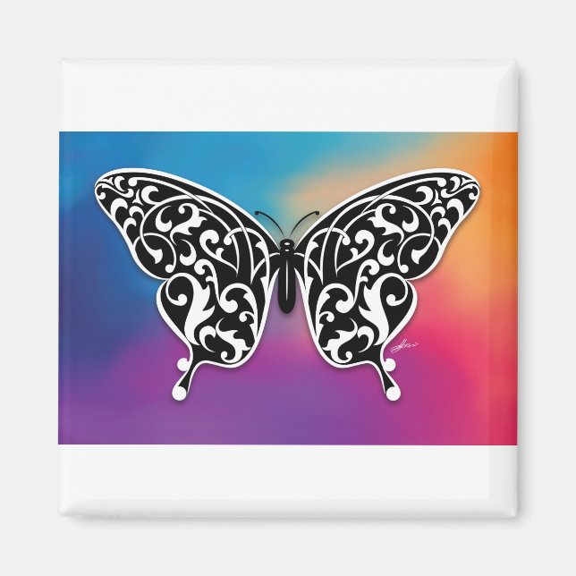 Imán Diseño de mariposa con colores del atardecer (Frente)