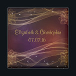 Imán Diseño de marrón con Boda de Wispy Gold Accents<br><div class="desc">Un fondo de color marrón bonito con un borde espeluznante de líneas curvas y delicadas flores rodeadas de estrellas brillantes. Bonito y diseño elegante. Personalizar con el nombre de la novia y de los novios y fecha de boda.</div>