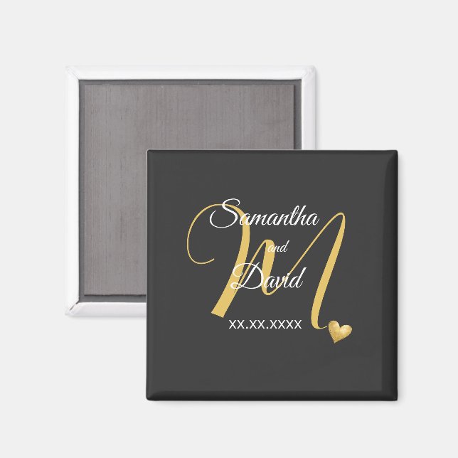 Imán Diseño de Monograma de Boda con Nombres y Fecha (Anverso/Reverso)