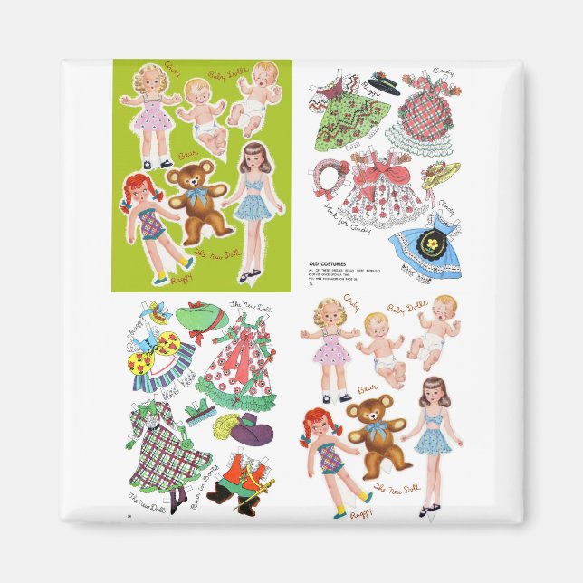 Imán Diseño de muñecas de papel, retro adorable (Frente)