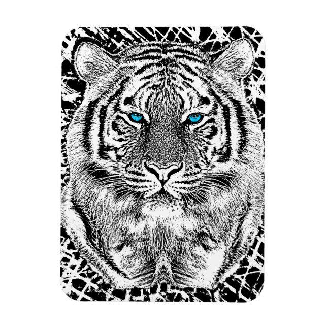 Imán Diseño de tigre de ojos azules negros y blancos (Vertical)