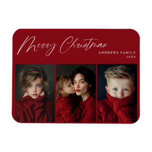 Imán Diseño de vacaciones de Navidad con tres fotos roj