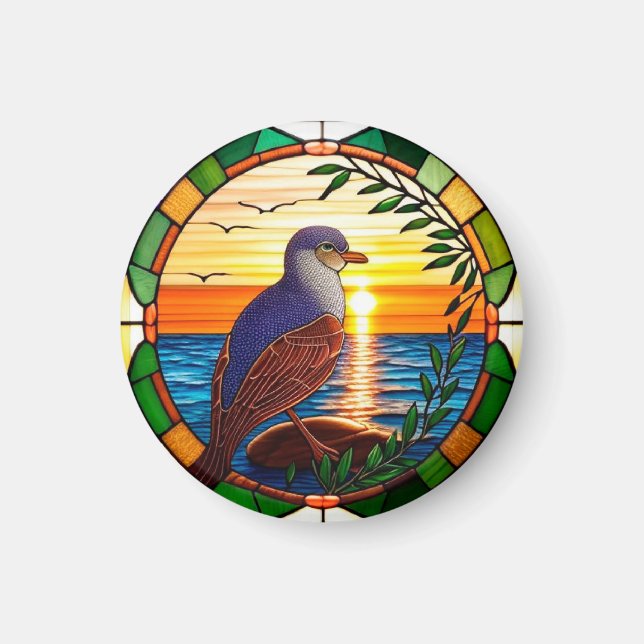 Imán Diseño de Vidrio Pintado con Pájaro en Roca (Frente)