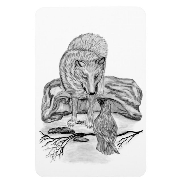 Imán Diseño en blanco y negro de Wolf y Raven (Vertical)