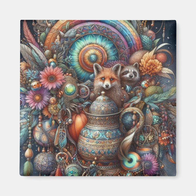 Imán Diseño floral de Boho Fox Raccoon (Frente)