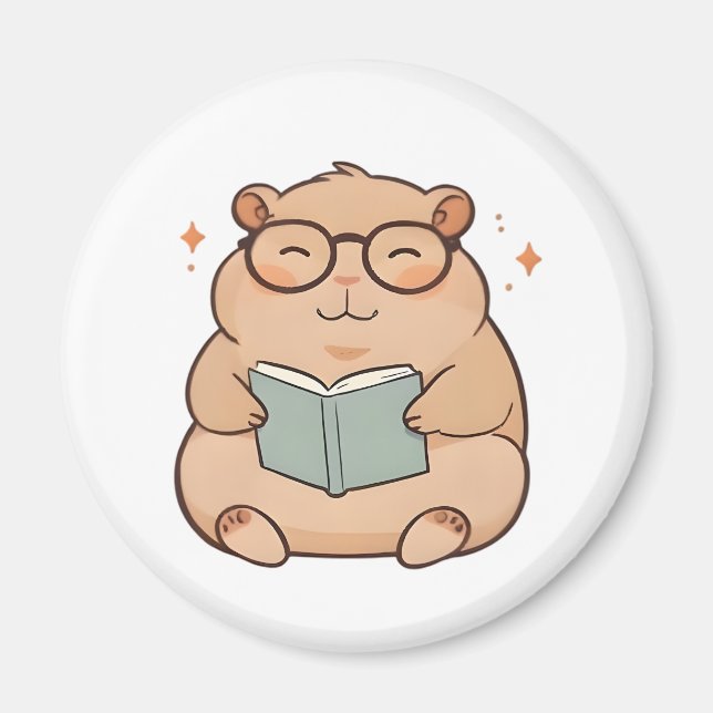 Imán Diseño Kawaii de Capybara Leyendo con Gafas (Frente)