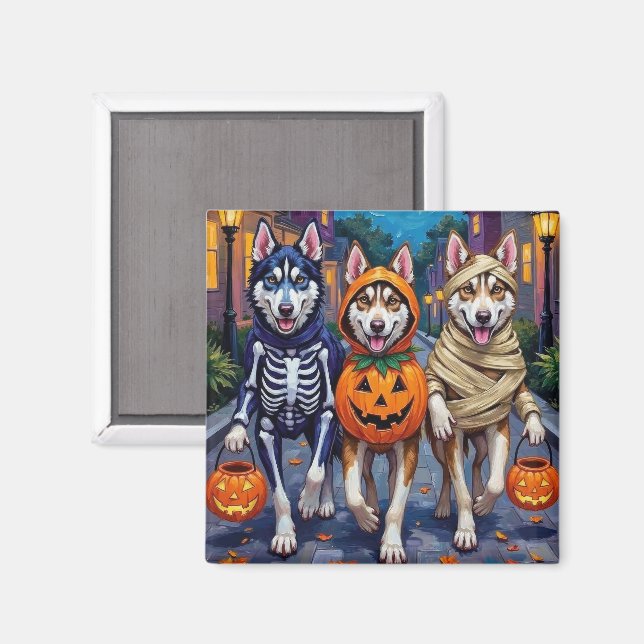 Imán Disfraz de Halloween para trucos o trato de Husky  (Anverso/Reverso)