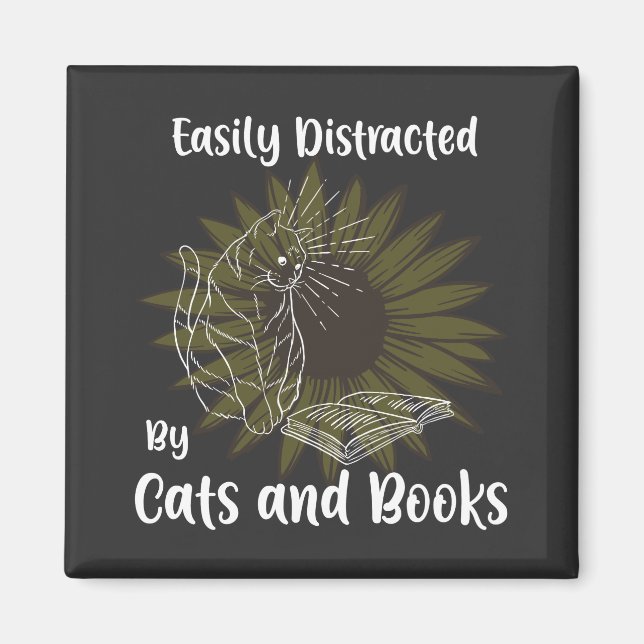 Imán Distracción fácil por gatos y libros (Frente)