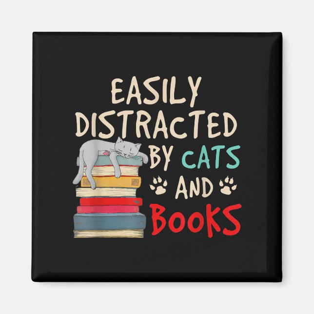 Imán Distracción fácil por gatos y libros | Gato gracio (Frente)