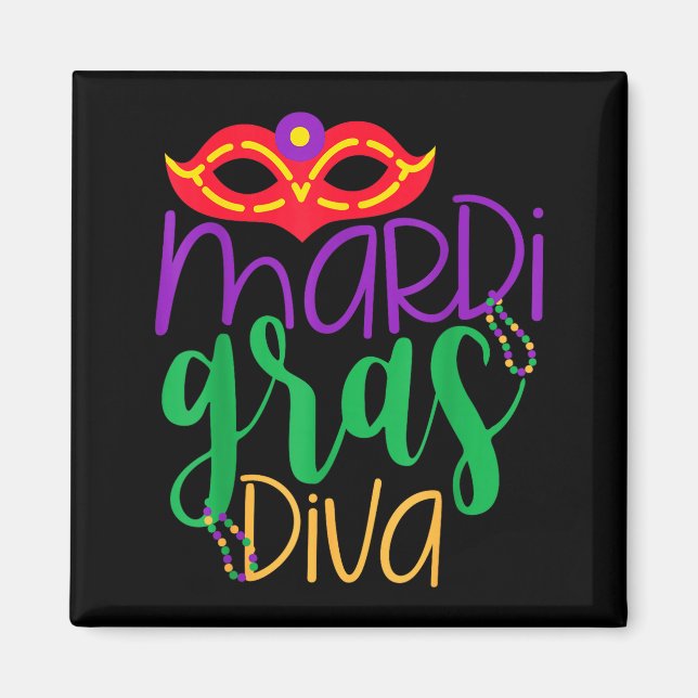 Imán Diva de Mardi Gras - Diseño de Máscara y Cuentas (Frente)