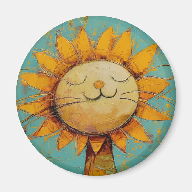 Imán Diversión De Gato De Girasol En La Pintura De Sol  (Frente)